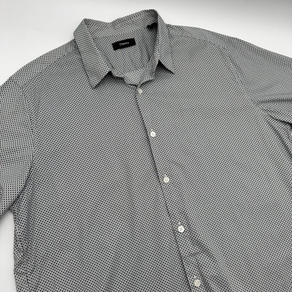 Theory Irving SS Bayliss Geometric Print Shirt Mens XL White Navy Short Sleeve